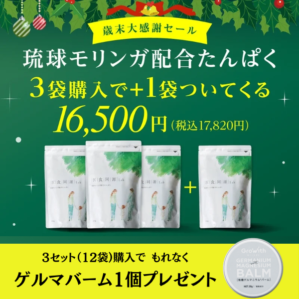 年末大感謝祭『琉球モリンガたんぱく3袋購入+1袋ついてくる』さらに…3セット12袋購入でもれなく『ゲルマバーム』をプレゼント